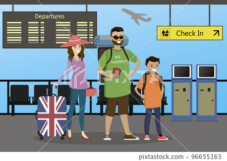 Happy caucasian Family of travelers with suitcases and backpacks Happy caucasian Family of travelers with suitcases and backpacks 96655163