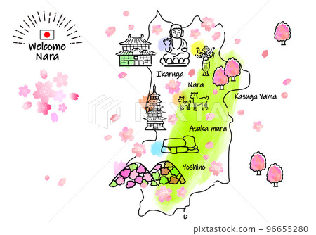 Simple line drawing illustration map of tourist spots in Nara Prefecture in spring (green) 96655280