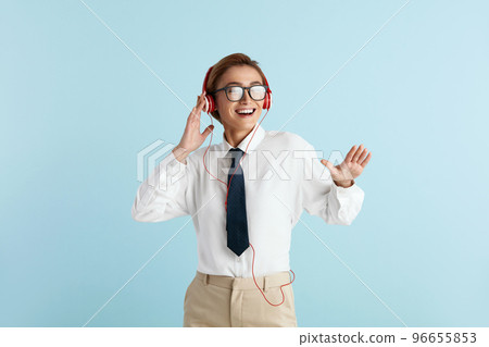 Caucasian Businesswoman Listening Music. Positive Lady Listening Favourite Song Caucasian Businesswoman Listening Music. Positive Lady Listening Favourite Song 96655853