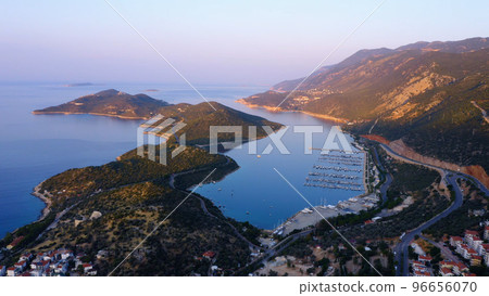 Aerial panoramic view from drone of sea bay surrounded by mountains. Top view of cityscape of resort town. Aerial panoramic view from drone of sea bay surrounded by mountains. Top view of cityscape of resort town. 96656070