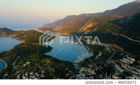 Town of Kas surrounded by sea bay and mountains. Aerial view from above. Travel to Turkey. Town of Kas surrounded by sea bay and mountains. Aerial view from above. Travel to Turkey. 96656071