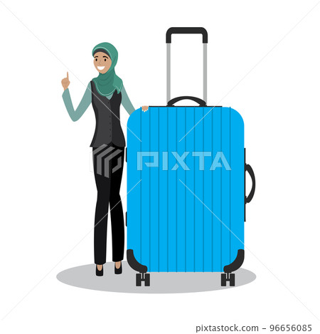 young arabic female holding blue modern suitcase 96656085