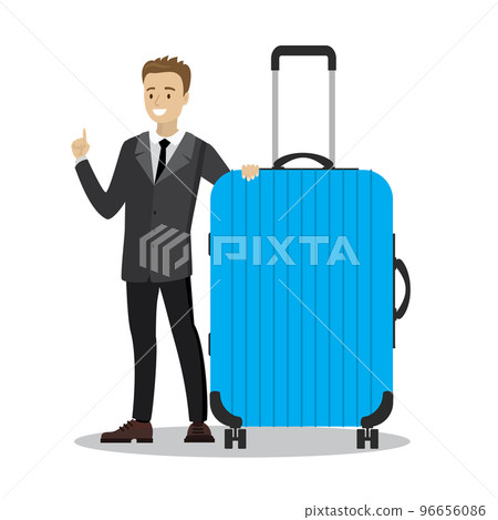 young businessman holding blue modern suitcase,cartoon smiling m 96656086