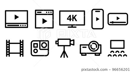 視頻電影播放按鈕圖標設置多個插圖黑色和白色 96656201