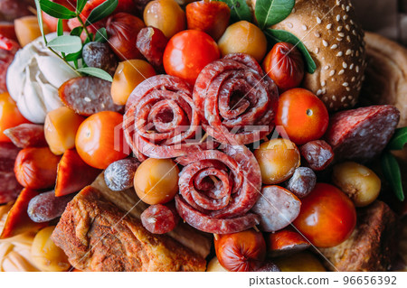 Delicious edible bouquet of sausage, tomatoes, cheese. Gift for man. 96656392