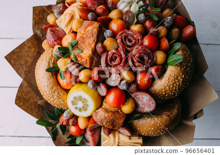 Delicious edible bouquet of sausage, tomatoes, cheese. Gift for man. 96656401
