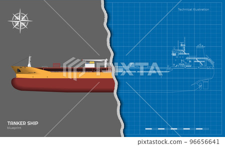 Tanker drawing. 3d cargo ship industrial blueprint. Petroleum boat view top, side and front. Isolated vehicle. Commerce water transport 96656641