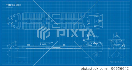 Tanker outline drawing. Contour cargo ship industrial blueprint. Petroleum boat view top, side and front. Vehicle document. Commerce water transport 96656642