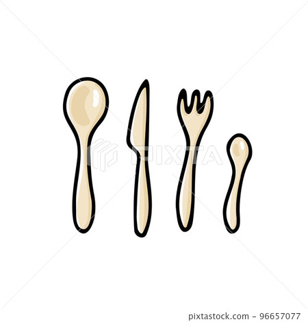 Doodle vector cutlery set. Color spoon, fork, knife 96657077