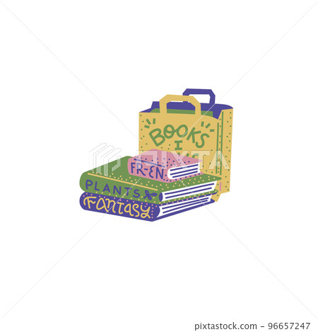 Pile of books and a paper bag from a bookshop. Cute illustration in retro colors, isolated on white background. 96657247