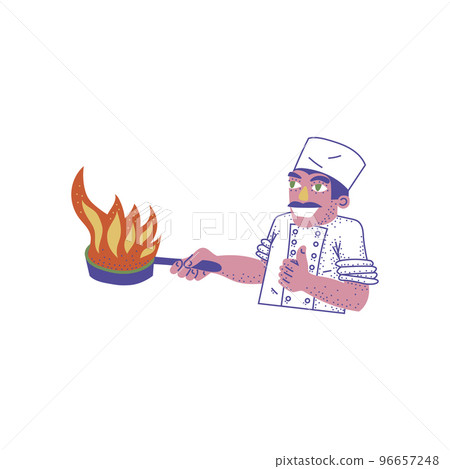 Man cooking, flambe technique in a pan. Colorful flat waist portrait illustration of a professional chef with thumbs up gesture. Isolated on white background. 96657248
