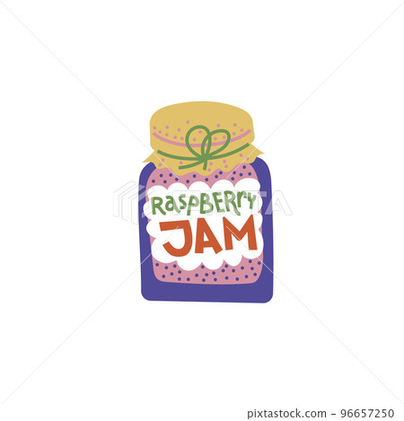 Jar of raspberry jam illustration. Colorful flat clipart of home-made berry preserve. Isolated on white background. 96657250