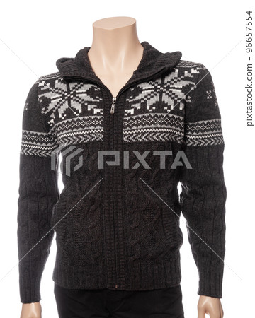 Dark grey mens wool cardigan on mannequin isolated on white Dark grey mens wool cardigan on mannequin isolated on white 96657554