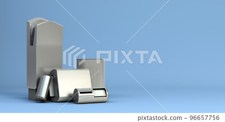 industrial equipment for public toilets hand dryer napkin holder container for liquid soap satchel 3d render on blue 96657756