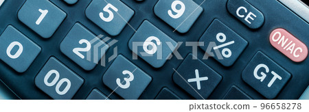 Panorama of calculator keyboard buttons, close-up. Basic symbols of algebra, simple mathematical nomenclature. Panorama of calculator keyboard buttons, close-up. Basic symbols of algebra, simple mathematical nomenclature. 96658278