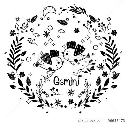 Black and white Gemini. Cute Zodiac in a colorful wreath of leaves, flowers and stars around. Cute birds Gemini perfect for posters, logo, cards. Astrological Gemini zodiac. Vector illustration Black and white Gemini. Cute Zodiac in a colorful wreath of leaves, flowers and stars around. Cute birds Gemini perfect for posters, logo, cards. Astrological Gemini zodiac. Vector illustration 96658473