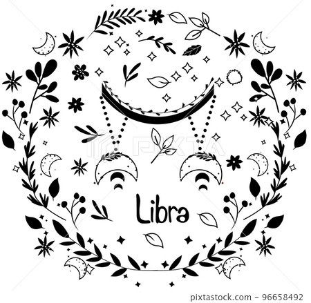 Black and white Libra Zodiac with a colorful wreath of leaves, flowers stars around. Astrological Libra zodiac perfect for posters, logo, cards. Vector illustration 96658492