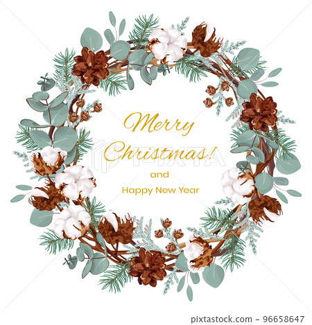 Christmas wreath made of vines, with cotton flowers, eucalyptus, fir branches and cones, thuja. 96658647