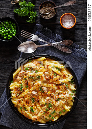 Tuna Mornay in baking dish, top view Tuna Mornay in baking dish, top view 96658857