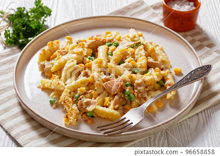 portion of Tuna Mornay on plate, top view portion of Tuna Mornay on plate, top view 96658858