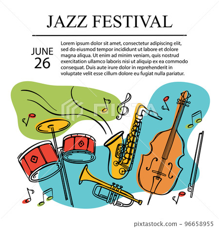 JAZZ FESTIVAL Square Banner Musical Concert Poster With Cello Saxophone Trumpet And Drums Invitation Text Abstract Colorful Background Hand Drawn Vector Sketch JAZZ FESTIVAL Square Banner Musical Concert Poster With Cello Saxophone Trumpet And Drums Invitation Text Abstract Colorful Background Hand Drawn Vector Sketch 96658955
