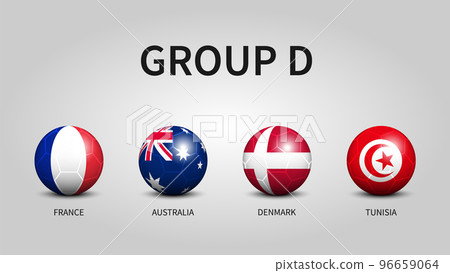 Qatar fifa world soccer cup tournament 2022 . Group D stages . Football with country flag pattern . Vector . 96659064