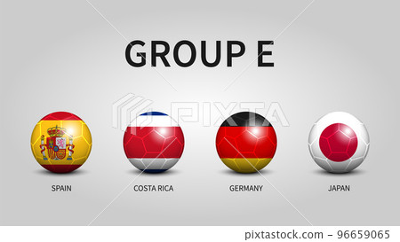 Qatar fifa world soccer cup tournament 2022 . Group E stages . Football with country flag pattern . Vector . 96659065