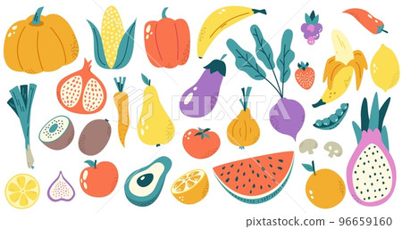 Hand drawn fruits and vegetables. Colorful health isolated vegetable, fruit mango apricot and watermelon. Doodle organic product snugly vector clipart Hand drawn fruits and vegetables. Colorful health isolated vegetable, fruit mango apricot and watermelon. Doodle organic product snugly vector clipart 96659160