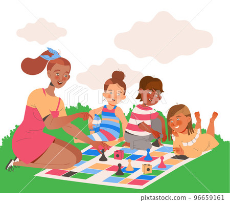 Mother with Kids Playing Board Game Gathered Outdoor Together Having Fun on Weekend Vector Illustration 96659161