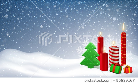 Realistic candle christmas banner. Wax candles and xmas tree, 3d gift boxes with bow in snow. Magic advent snowfall at night, pithy decorative vector background 96659167