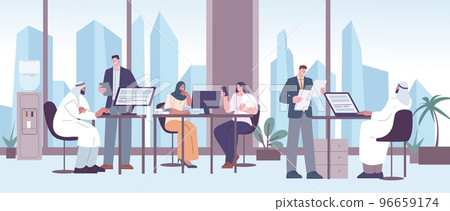 Office colleagues working. International company, arabian and european professionals work together. Kicky young business team vector concept 96659174