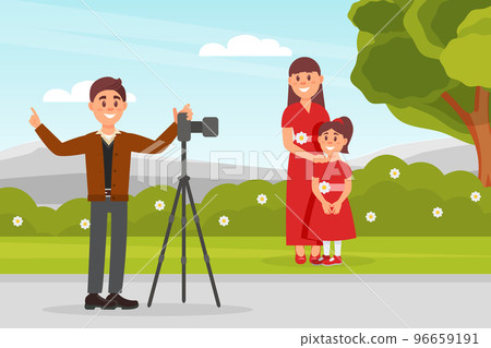 Woman with Daughter at Photo Shoot or Photo Session Posing In front Of Camera Vector Illustration 96659191