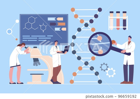Genetic analysis dna, medicine research. Dna spiral molecule testing, profeccional scientists work in laboratory. Biotechnology kicky vector scene 96659192