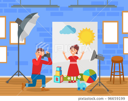 Little Girl Among Toys at Photo Shoot or Photo Session Posing In front Of Camera Vector Illustration 96659199