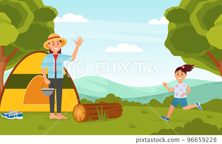 Woman with Daughter Camping at Nature Resting in Tent in Forest Vector Illustration 96659228