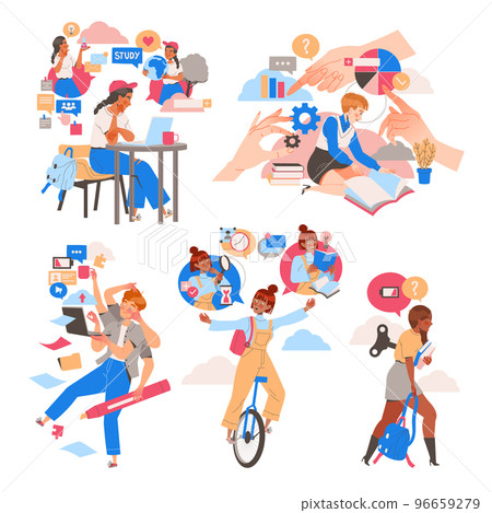 People Student Characters Learning Multitasking Switching Between Different Activities Vector Set 96659279