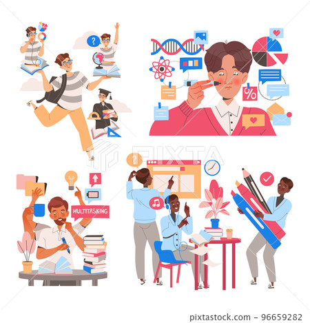 People Student Characters Learning Multitasking Switching Between Different Activities Vector Set 96659282