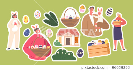 Set of Stickers Happy Family Prepare for Easter Celebration. Parents and Children Girl and Boy Wear Rabbit Ears Set of Stickers Happy Family Prepare for Easter Celebration. Parents and Children Girl and Boy Wear Rabbit Ears 96659293
