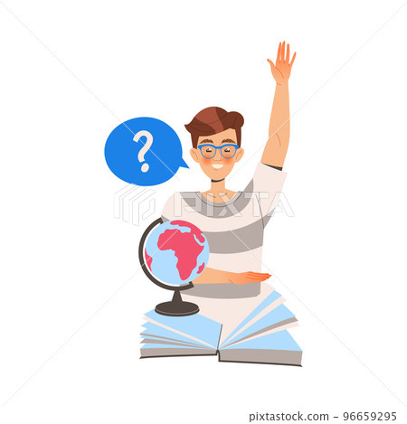 Male Student Character in Glasses Learning Raising Hand from Open Book at Geography Lesson Vector Illustration 96659295