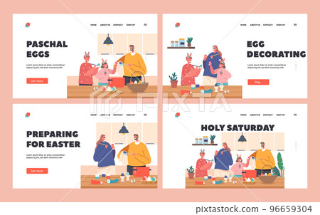 Happy Family Prepare for Easter Celebration Landing Page Template Set. Parents and Children in Rabbit Ears Painting Eggs Happy Family Prepare for Easter Celebration Landing Page Template Set. Parents and Children in Rabbit Ears Painting Eggs 96659304