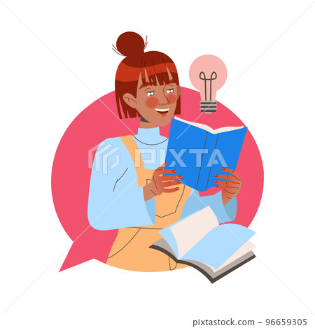 Female Student Character with Book and Lightbulb Learning Vector Illustration Female Student Character with Book and Lightbulb Learning Vector Illustration 96659305