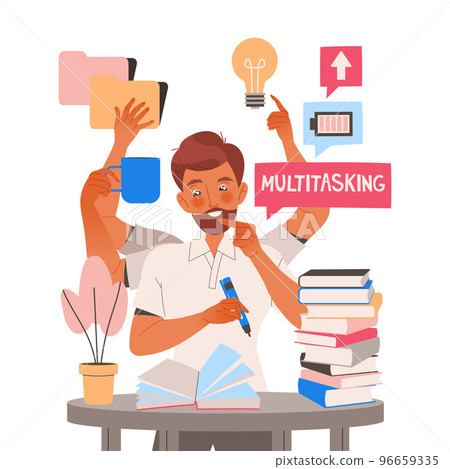 Male Student Character Learning Multitasking Switching Between Different Activities Vector Illustration 96659335