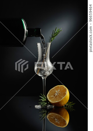 Gin with lemon and rosemary. Gin with lemon and rosemary. 96659464