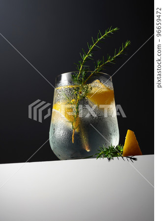 Gin-tonic cocktail with lemon, juniper branch, and ice. 96659472
