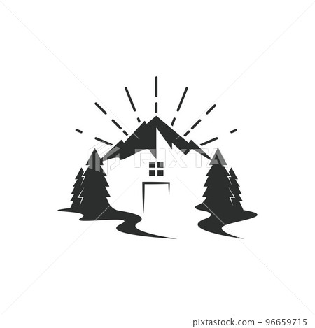 mountain and pines tree cabin icon vector illustration concept design template mountain and pines tree cabin icon vector illustration concept design template 96659715