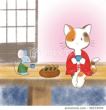 n貓和老鼠在廊下悠閒喝茶插畫 96659894
