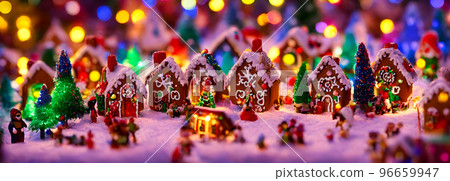 Abstract gingerbread fairy town village with bokeh and christmas lights as advent decoration. Banner size. 3d Abstract gingerbread fairy town village with bokeh and christmas lights as advent decoration. Banner size. 3d 96659947