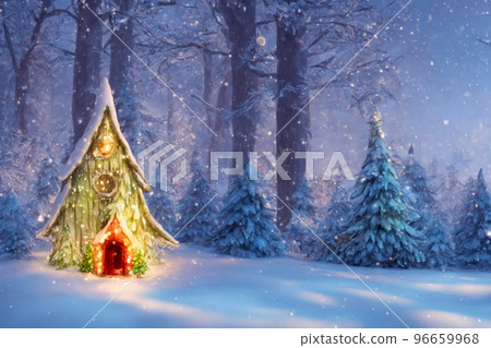 Abstract toy castle. Fairy hut. Christmas winter background. 3d image 96659968