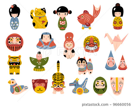 Japanese toys. Masks daruma kokeshi dolls maneki cat origami souvenirs recent vector illustrations 96660056