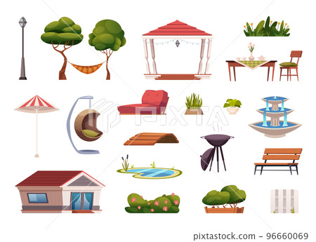 Terrace furniture. Gardening items for working and relax time fireplace tables bbq chairs hammock gazebo exact vector templates 96660069